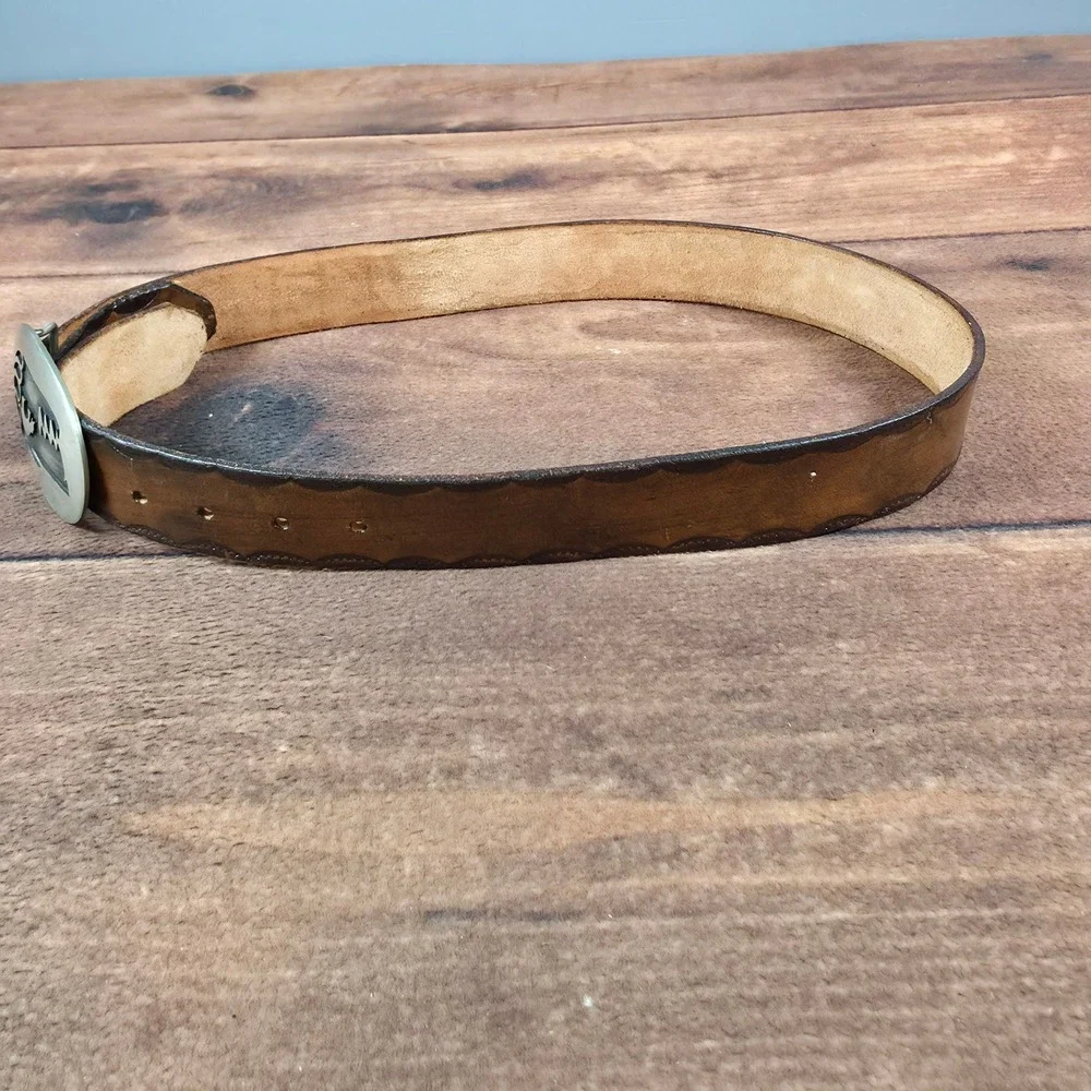 Leather Belt Men Small Brown Good Bear Paw Buckle Scalloped Edge